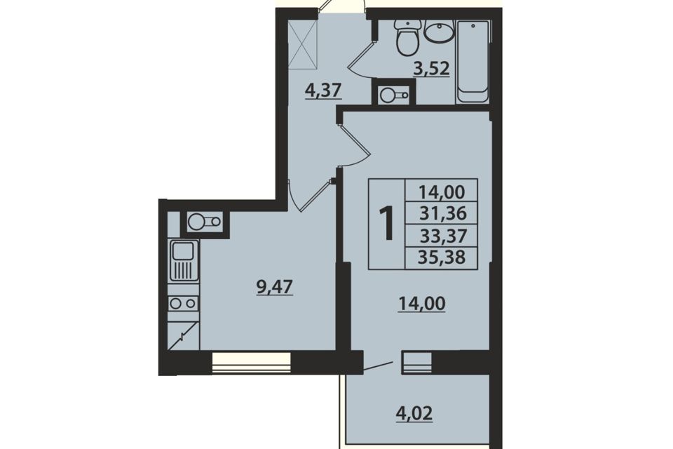Продаётся 1-комнатная квартира, 33.7 м²