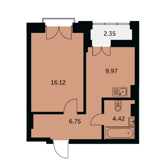 Продаётся 1-комнатная квартира, 38.44 м²