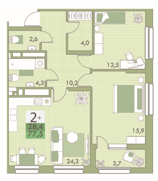 Продаётся 2-комнатная квартира, 76.5 м²
