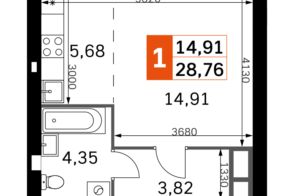 Продаётся 1-комнатная квартира, 28.78 м²