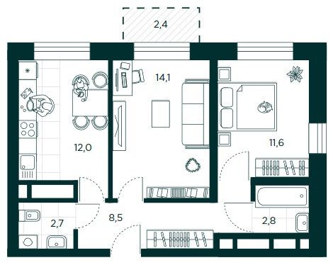 Продаётся 2-комнатная квартира, 51.8 м²
