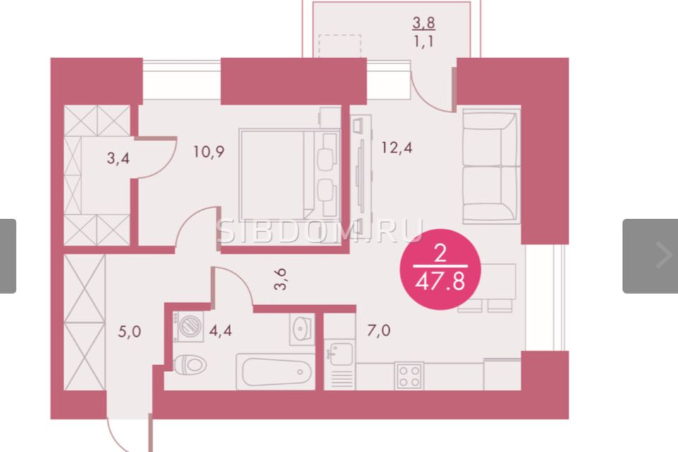 Продаётся 2-комнатная квартира, 47.5 м²