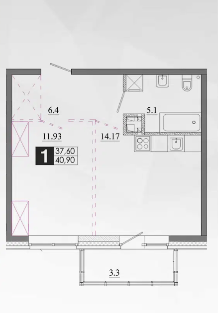 Продаётся 1-комнатная квартира, 40.9 м²