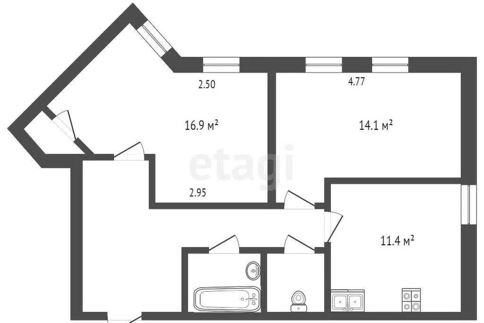 Продаётся 2-комнатная квартира, 60.9 м²