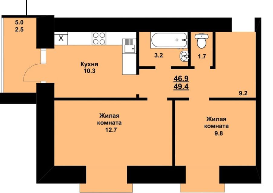 Продаётся 2-комнатная квартира, 50 м²