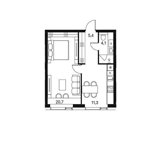 Продаётся 1-комнатная квартира, 41.5 м²