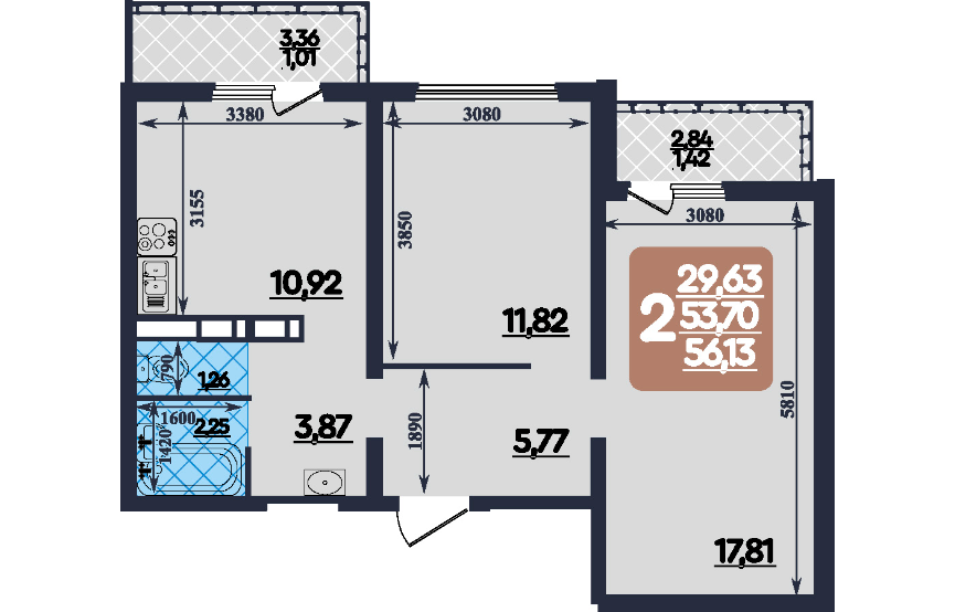Продаётся 2-комнатная квартира, 56 м²