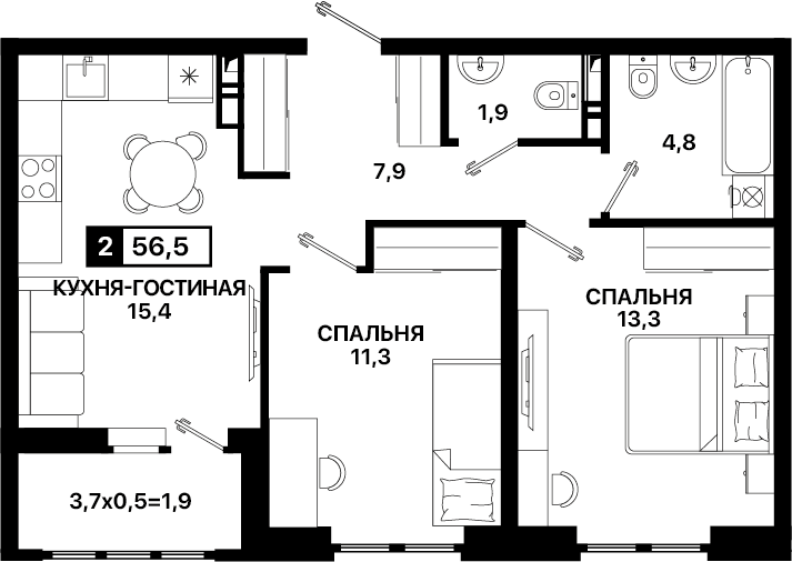 Продаётся 2-комнатная квартира, 56.5 м²