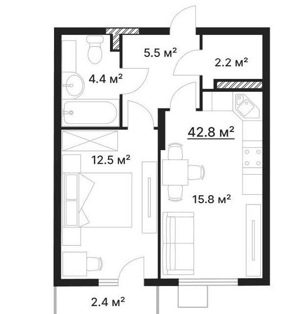 Продаётся 1-комнатная квартира, 42.8 м²