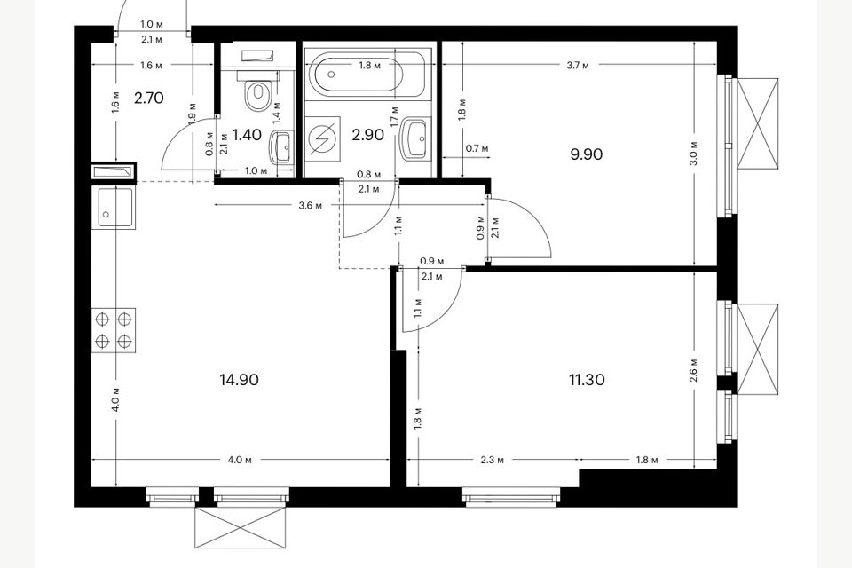Продаётся 2-комнатная квартира, 45.2 м²