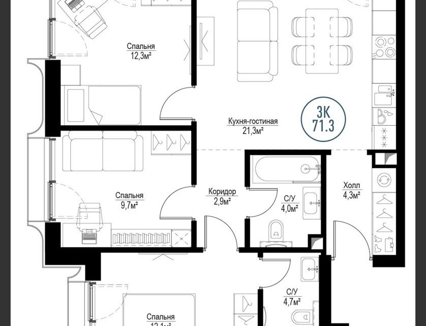 Продаётся 3-комнатная квартира, 70.2 м²