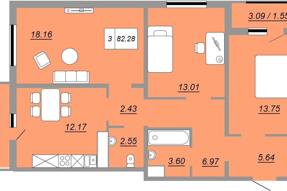 Продаётся 3-комнатная квартира, 78.9 м²