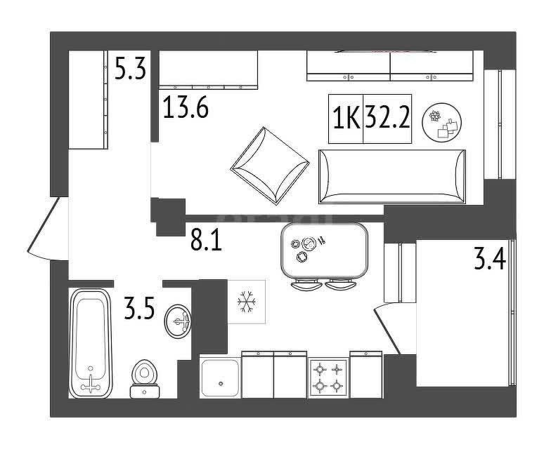 Продаётся 1-комнатная квартира, 32.5 м²