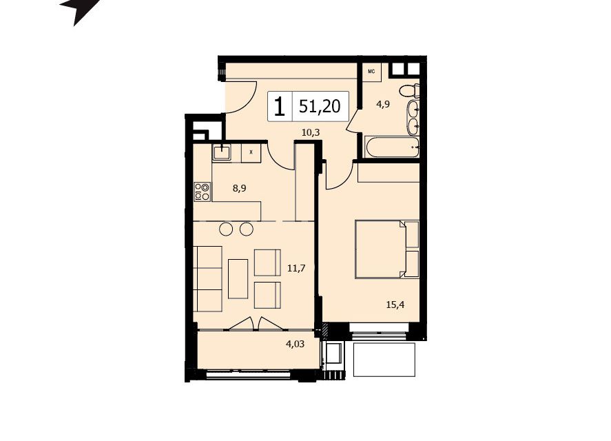 Продаётся 1-комнатная квартира, 51.2 м²