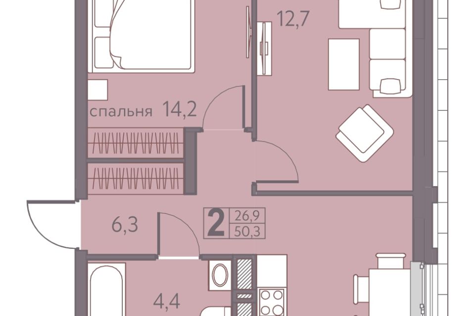 Продаётся 2-комнатная квартира, 50.3 м²