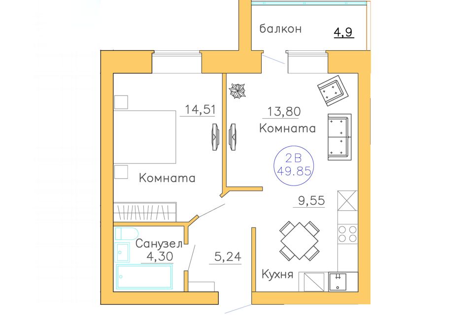Продаётся 1-комнатная квартира, 49.85 м²
