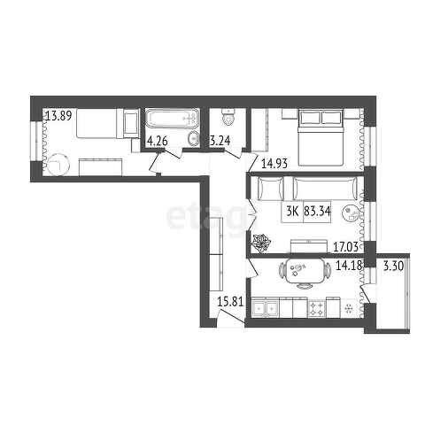 Продаётся 3-комнатная квартира, 84.33 м²