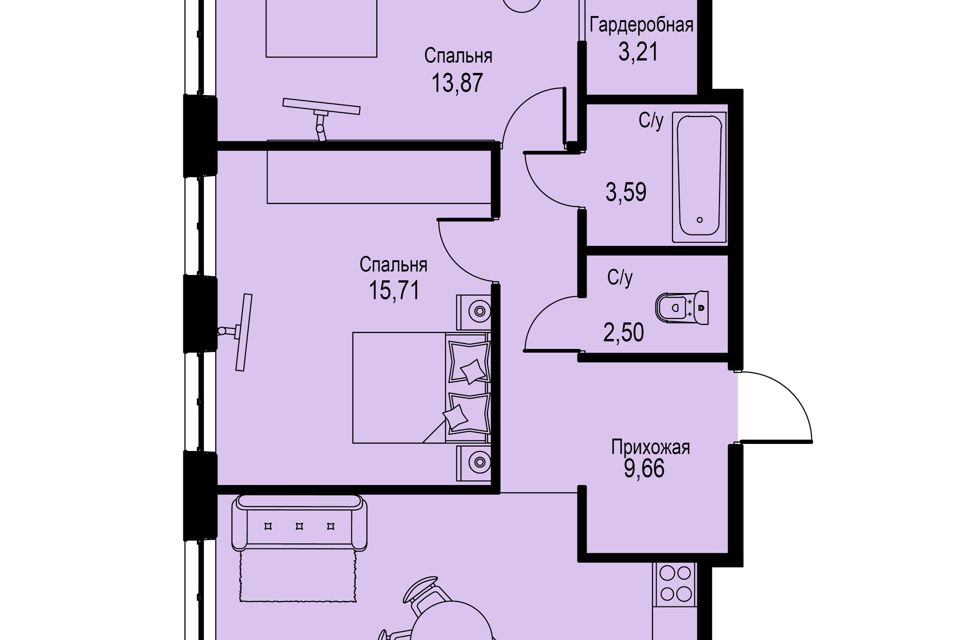 Продаётся 2-комнатная квартира, 66.1 м²