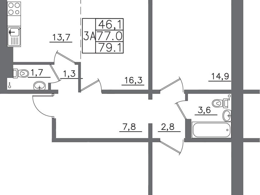 Продаётся 3-комнатная квартира, 79.1 м²
