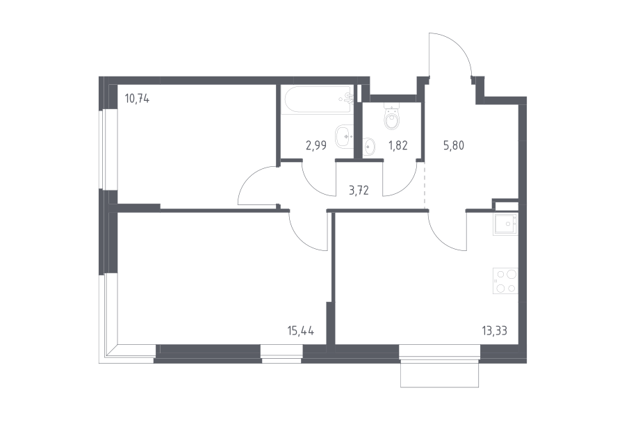 Продаётся 2-комнатная квартира, 53.84 м²