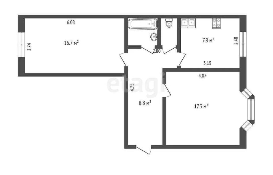Продаётся 2-комнатная квартира, 54 м²