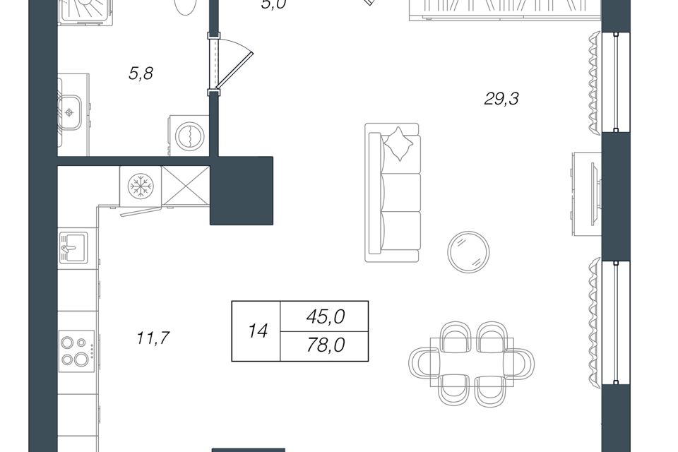 Продаётся 2-комнатная квартира, 77.6 м²