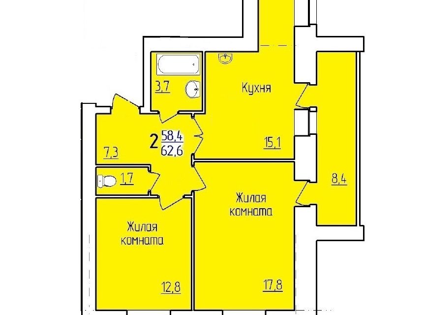Продаётся 2-комнатная квартира, 62.8 м²