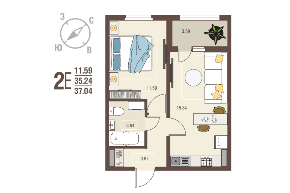 Продаётся 1-комнатная квартира, 37.04 м²