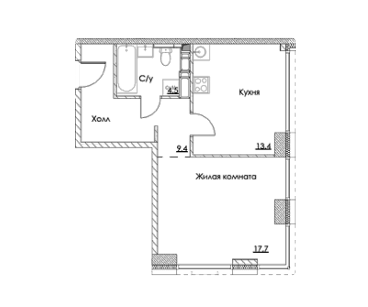 Продаётся 1-комнатная квартира, 45 м²