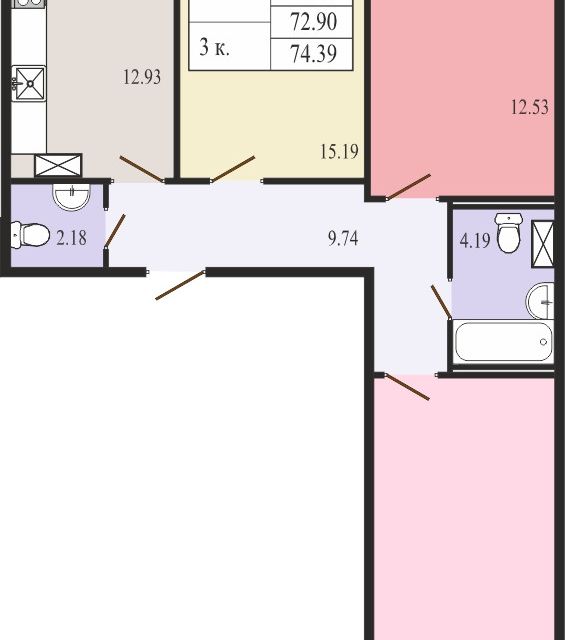 Продаётся 3-комнатная квартира, 73.3 м²