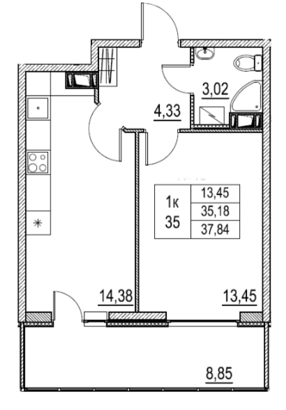 Продаётся 1-комнатная квартира, 37.84 м²