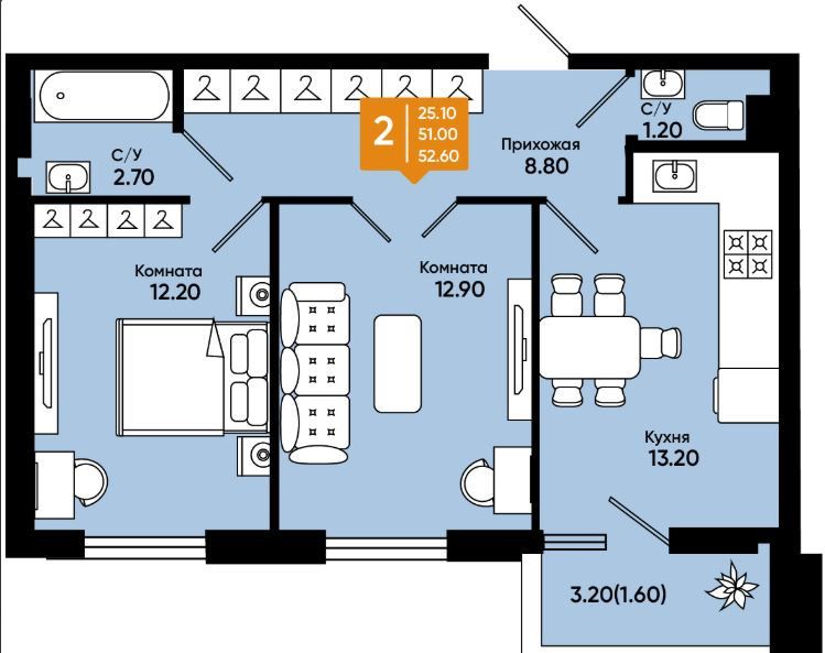 Продаётся 1-комнатная квартира, 52.6 м²