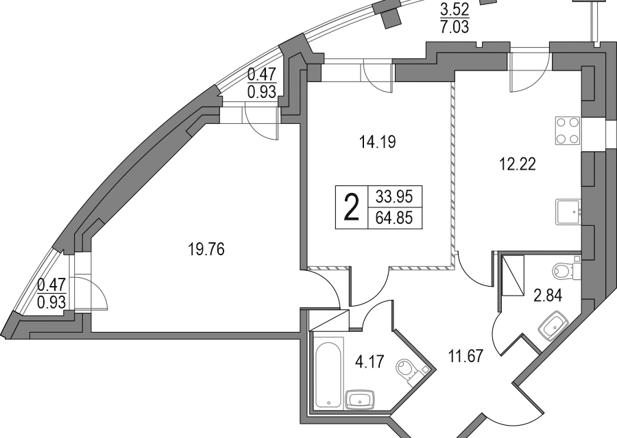 Продаётся 2-комнатная квартира, 64.5 м²