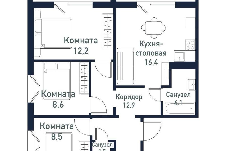 Продаётся 3-комнатная квартира, 64.4 м²