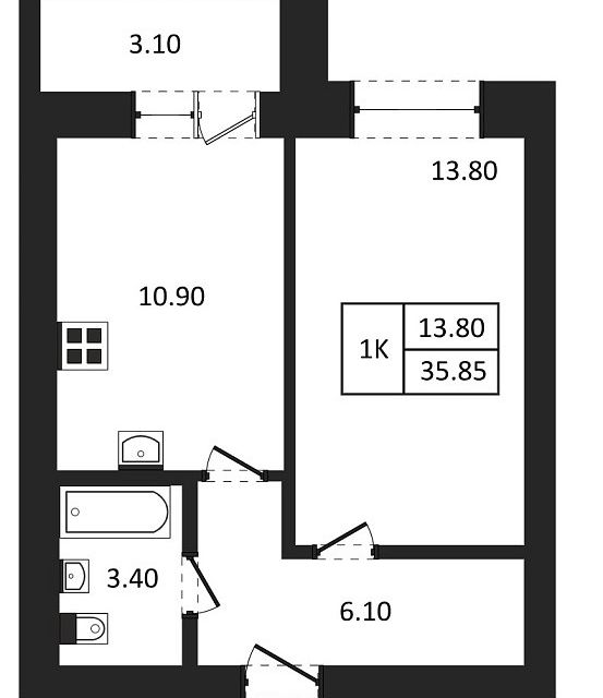 Продаётся 1-комнатная квартира, 35.88 м²