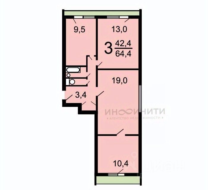 Продаётся 3-комнатная квартира, 64 м²