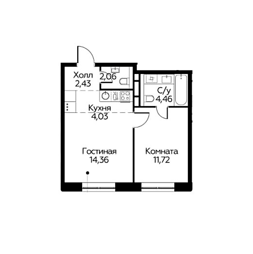 Продаётся 1-комнатная квартира, 39.06 м²