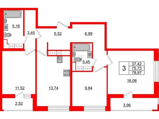 Продаётся 3-комнатная квартира, 78 м²