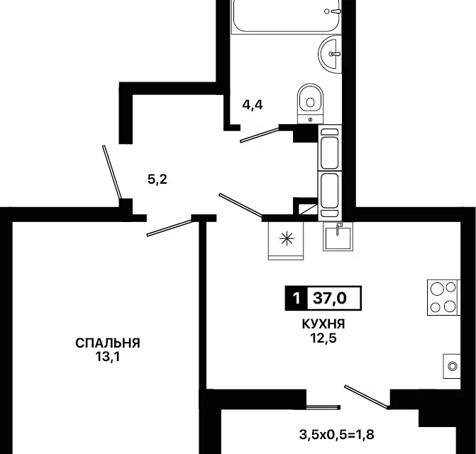 Продаётся 1-комнатная квартира, 37 м²
