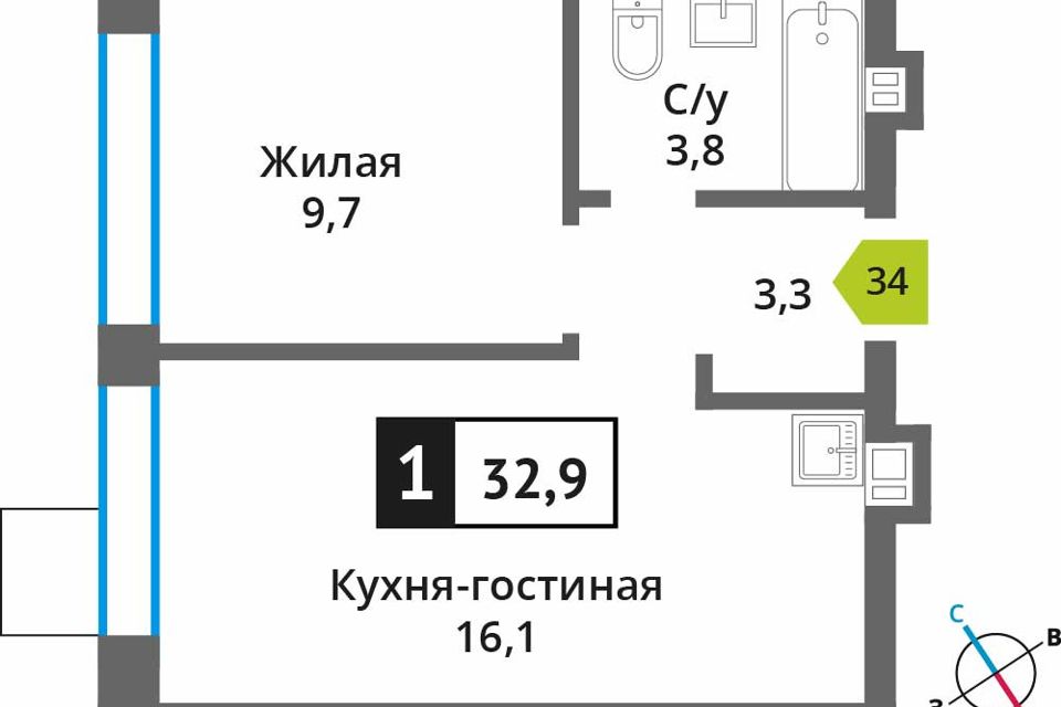 Продаётся 1-комнатная квартира, 32.9 м²