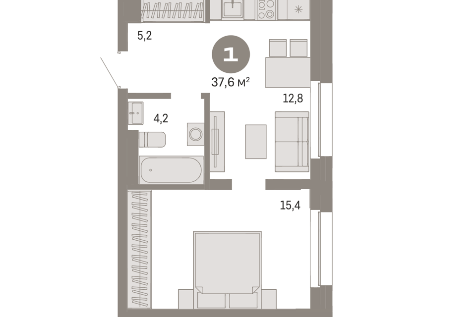 Продаётся 1-комнатная квартира, 37.6 м²