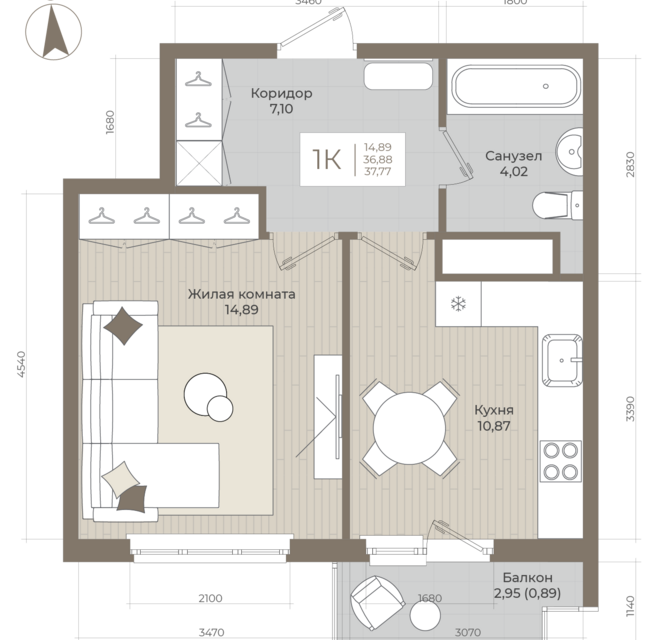 Продаётся 1-комнатная квартира, 38 м²