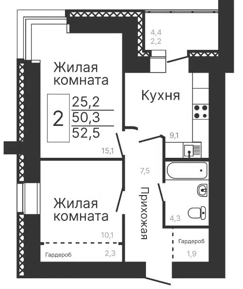 Продаётся 2-комнатная квартира, 52.5 м²