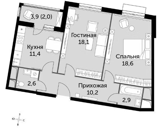 Продаётся 2-комнатная квартира, 65.8 м²