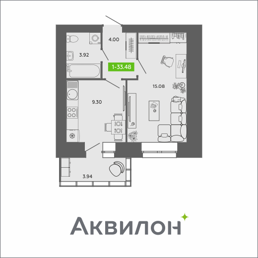 Продаётся 1-комнатная квартира, 33.48 м²
