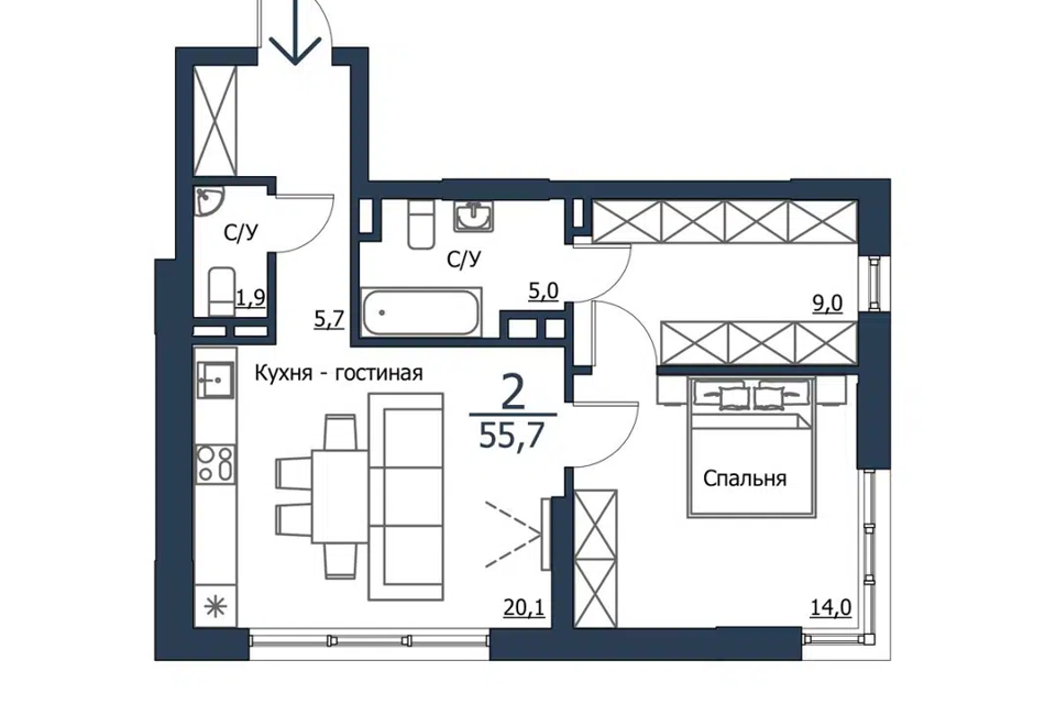 Продаётся 1-комнатная квартира, 55.1 м²