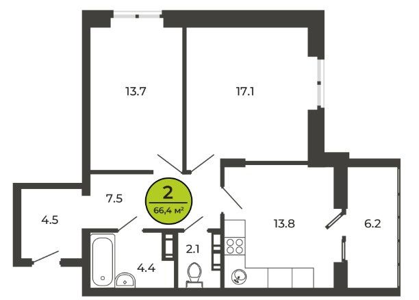 Продаётся 2-комнатная квартира, 66.4 м²