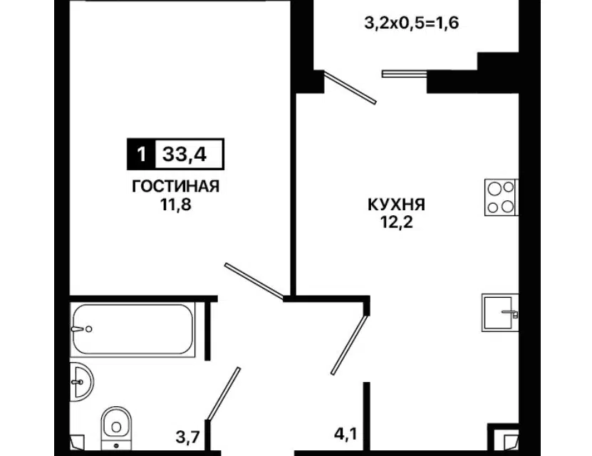 Продаётся 1-комнатная квартира, 33.4 м²