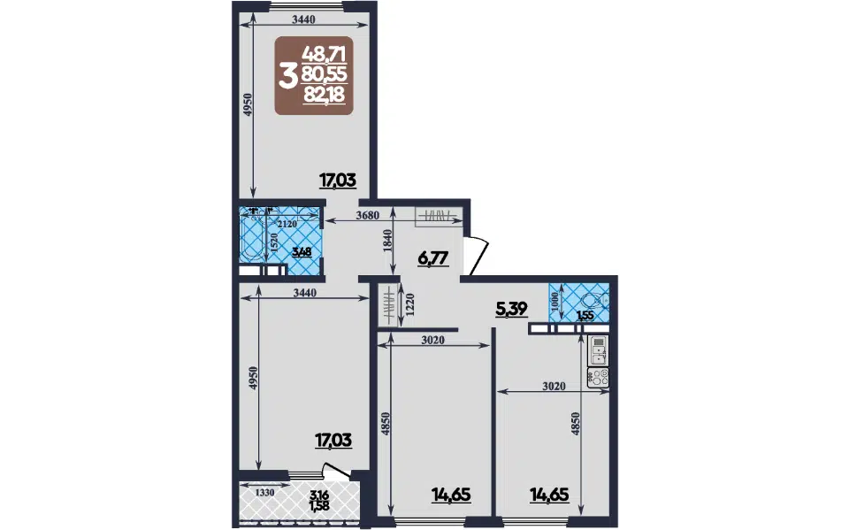Продаётся 3-комнатная квартира, 82 м²