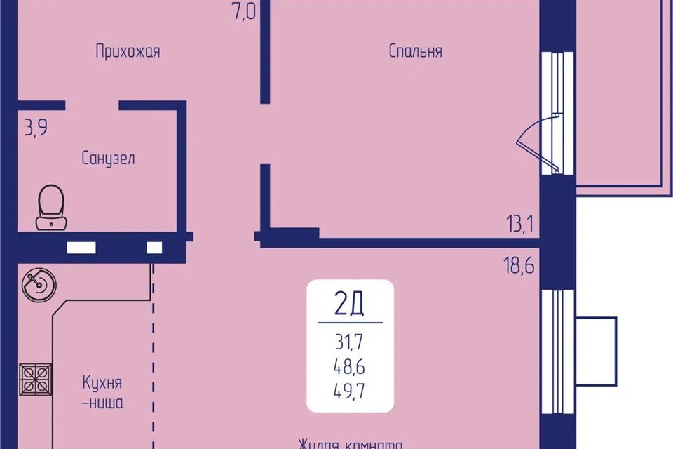 Продаётся 1-комнатная квартира, 49.7 м²